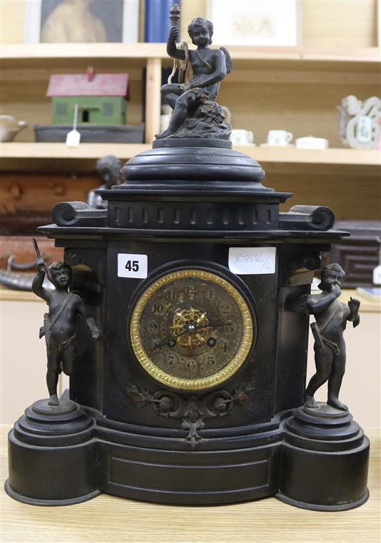 A slate clock mantel clock mounted with cherubs height 47cm